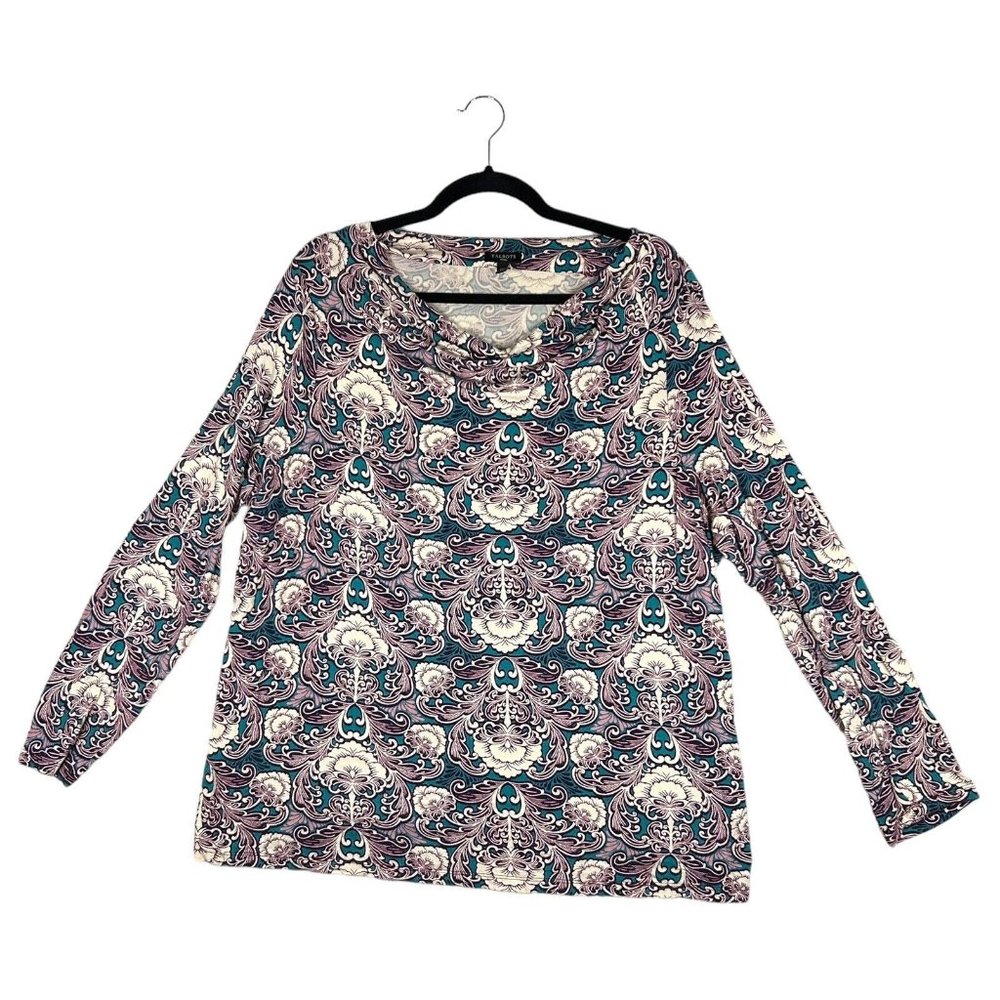 Talbots Womens Size 2X Floral Draped Neck Blouse Top Tunic Long Sleeve Stretch